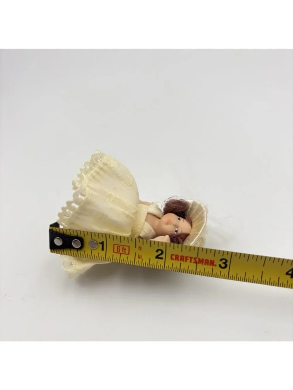 Miniature Porcelain Victorian Doll Christmas Ornament Cream Dress Beaded Hat 2”